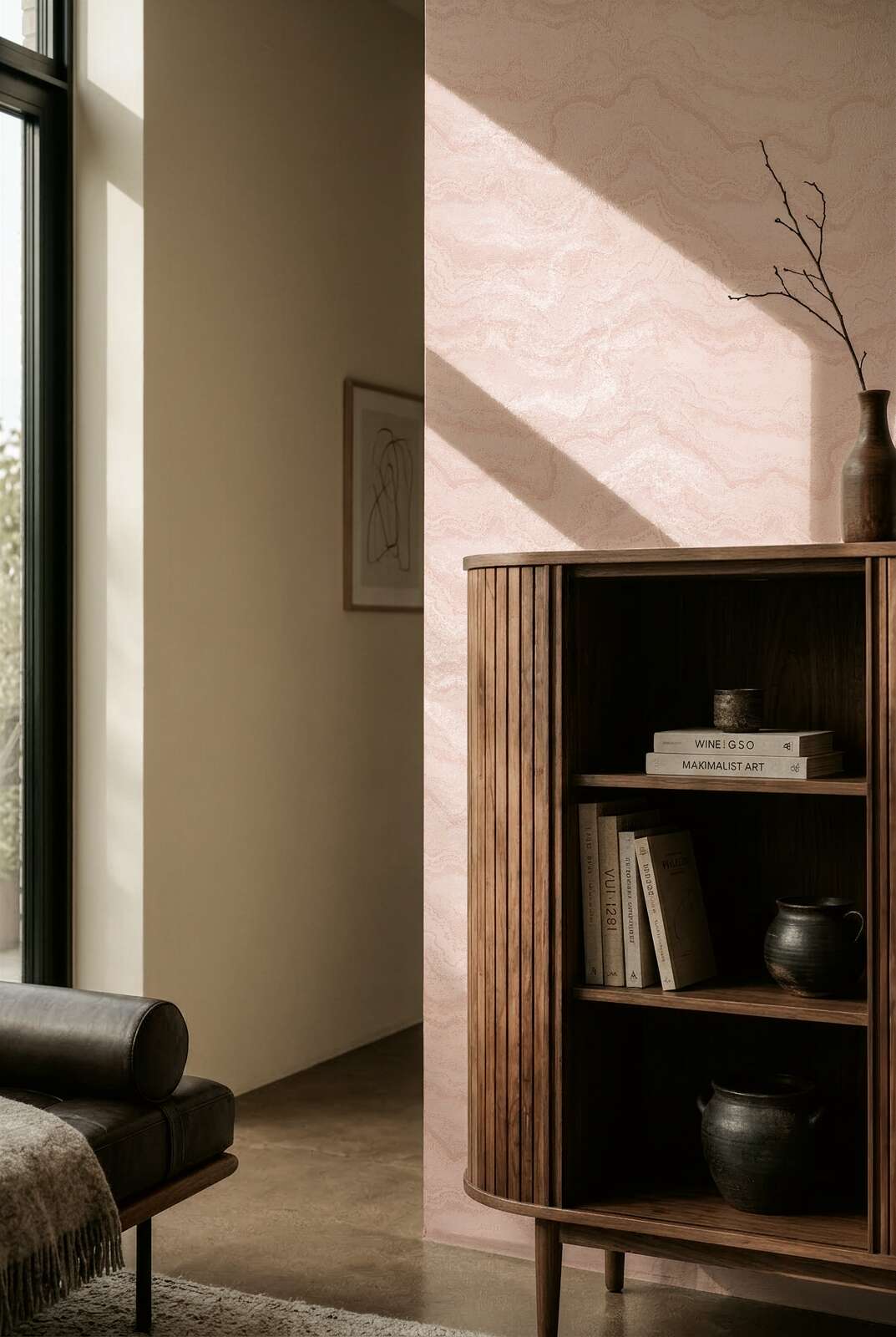 AS Creation Cosiness 793165 living room with Metallic, Pink wallpaper featuring a soft wavy pattern, shown beside a wooden cabinet and a sofa.