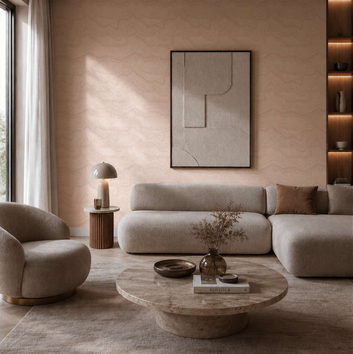 AS Creation Cosiness 793165 living room with Metallic, Pink wallpaper featuring a subtle wavy motif behind a sofa and a round coffee table.