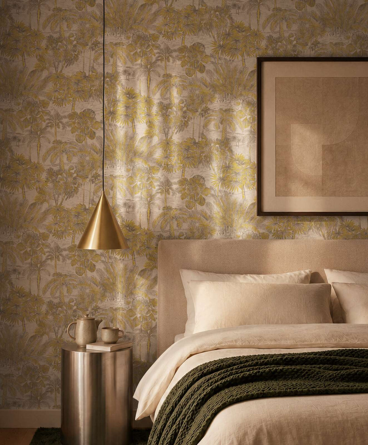 AS Creation Cosiness 793171 bedroom with palm grove wallpaper behind a bed and a pendant light.