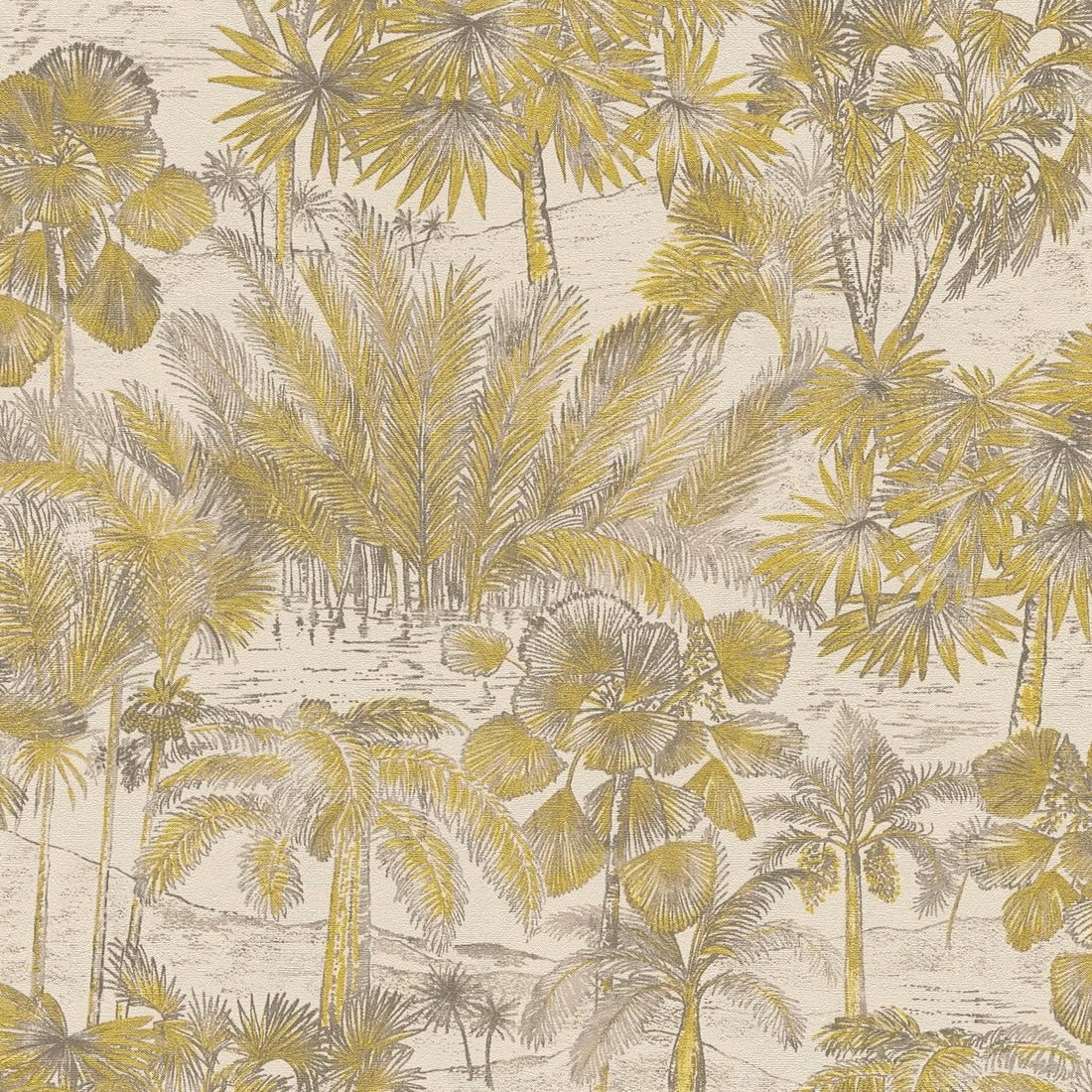 AS Creation Cosiness 793171 wallpaper with dense palm leaf motif in beige and brown with subtle metallic highlights on a slightly structured surface