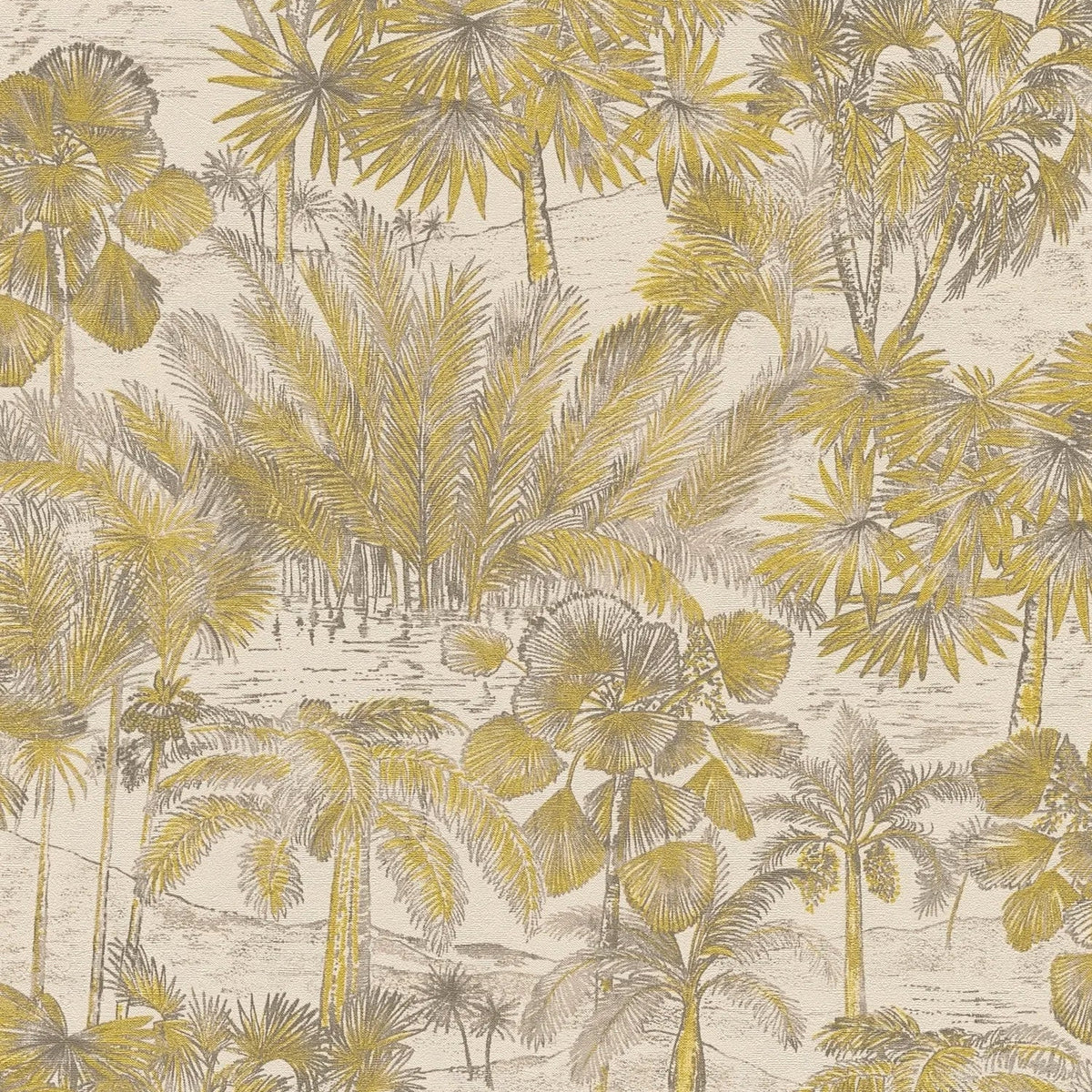 AS Creation Cosiness 793171 wallpaper with dense palm leaf motif in beige and brown with subtle metallic highlights on a slightly structured surface