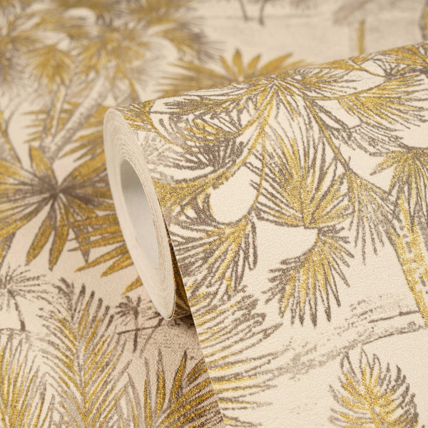 AS Creation Cosiness 793171 close up of a wallpaper roll showing a palm frond pattern in Beige, Brown, and Metallic.