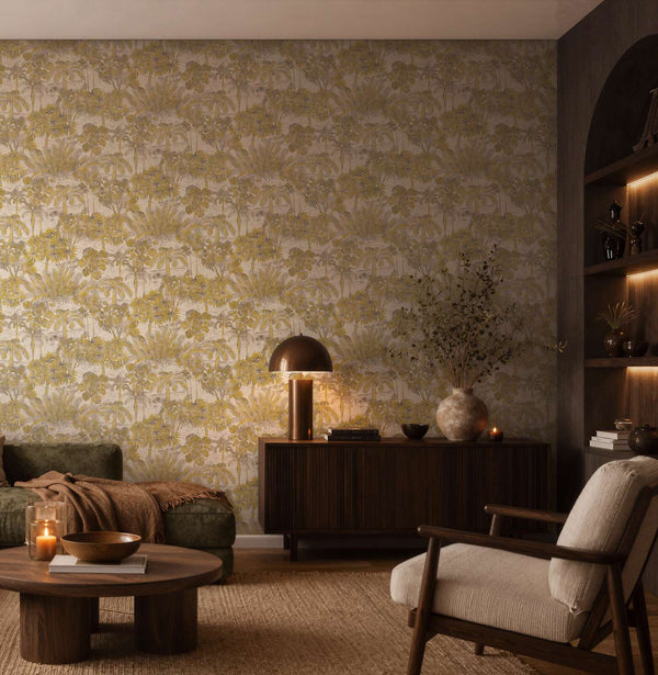 AS Creation Cosiness 793171 living room with Beige, Brown, Metallic tropical floral wallpaper behind a sofa and sideboard.