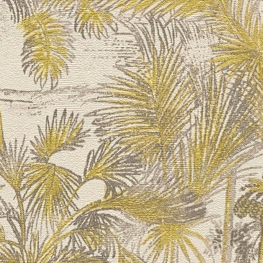 AS Creation Cosiness 793171 close up of palm fronds wallpaper in Beige, Brown, Metallic with layered leaves and metallic highlights.