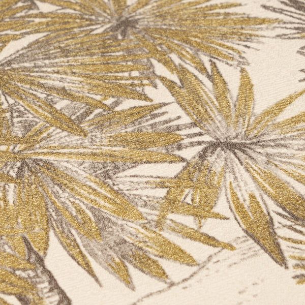 AS Creation Cosiness 793171 close up of the wallpaper showing sketch style palm leaves in Beige and Brown with Metallic accents.