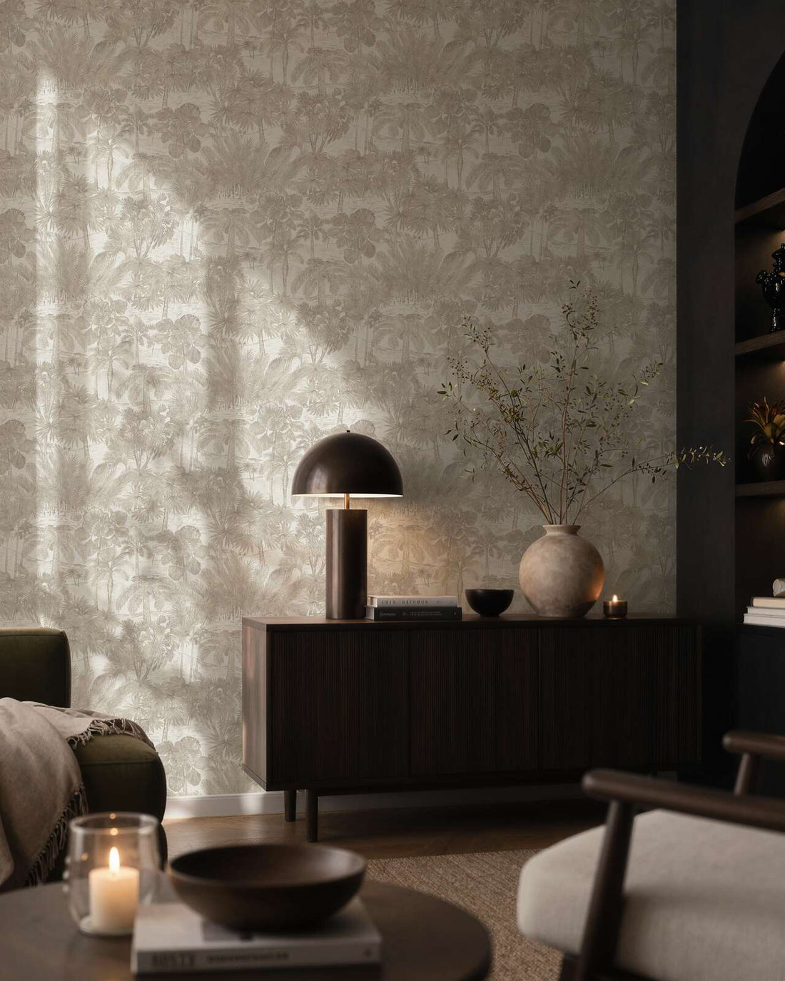 AS Creation Cosiness 793172 beige and brown tropical palm scenic wallpaper with subtle gloss and fine texture
