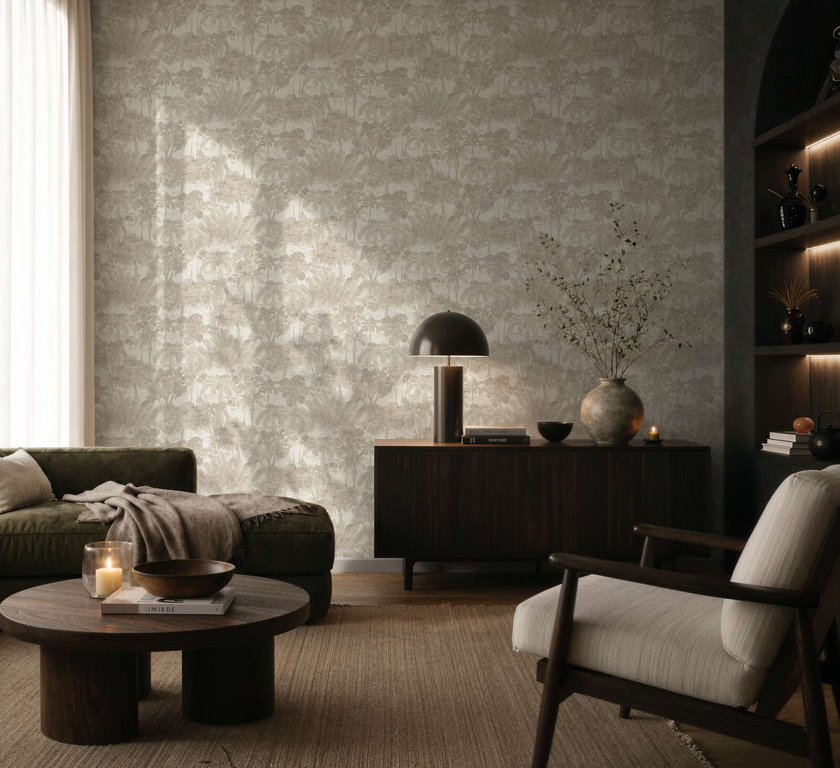 AS Creation Cosiness 793172 living room with Beige and Brown wallpaper featuring a tonal botanical foliage pattern with Metallic accents, shown with a sofa and sideboard.