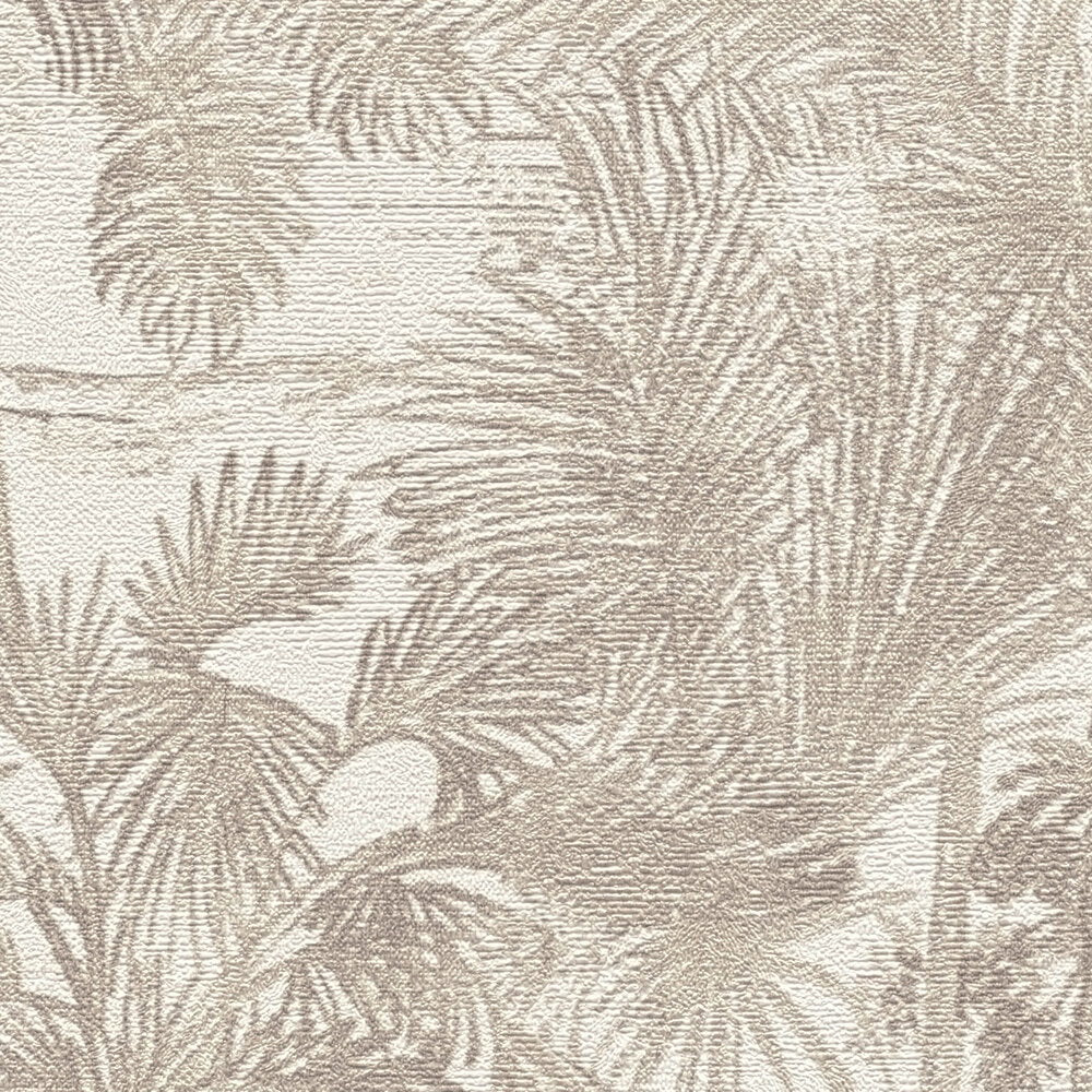 AS Creation Cosiness 793172 close up of textured palm leaf wallpaper in the Beige, Brown, Metallic colorway.