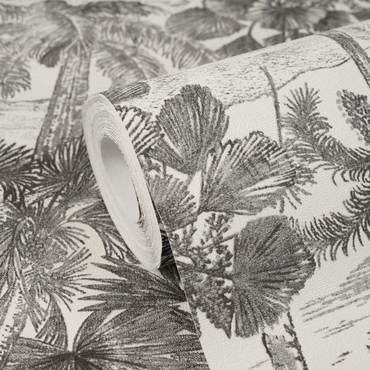 AS Creation Cosiness 793173 tropical palm motif in grey with metallic accents wallpaper roll showing its textured surface and finish.
