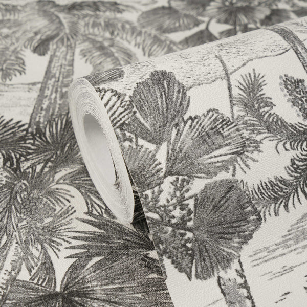AS Creation Cosiness 793173 tropical palm motif in grey with metallic accents wallpaper roll showing its textured surface and finish.