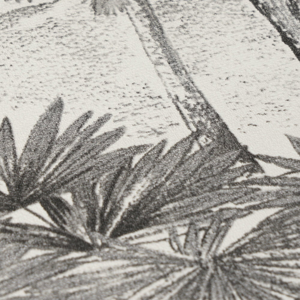 AS Creation Cosiness 793173 close up of Grey, Metallic wallpaper with a sketched tropical palm leaf and trunk pattern.