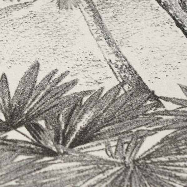 AS Creation Cosiness 793173 close up of Grey, Metallic wallpaper with a sketched tropical palm leaf and trunk pattern.