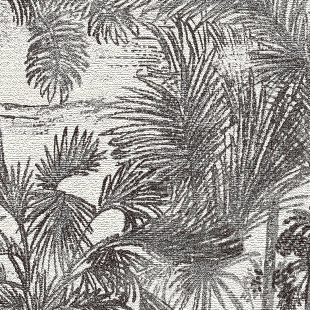 AS Creation Cosiness 793173 close up of wallpaper with a grey palm leaf design and metallic accents.