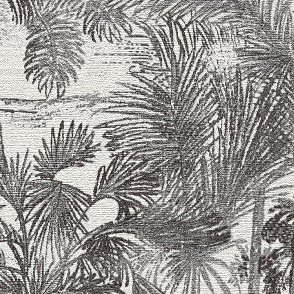 AS Creation Cosiness 793173 close up of wallpaper with a grey palm leaf design and metallic accents.