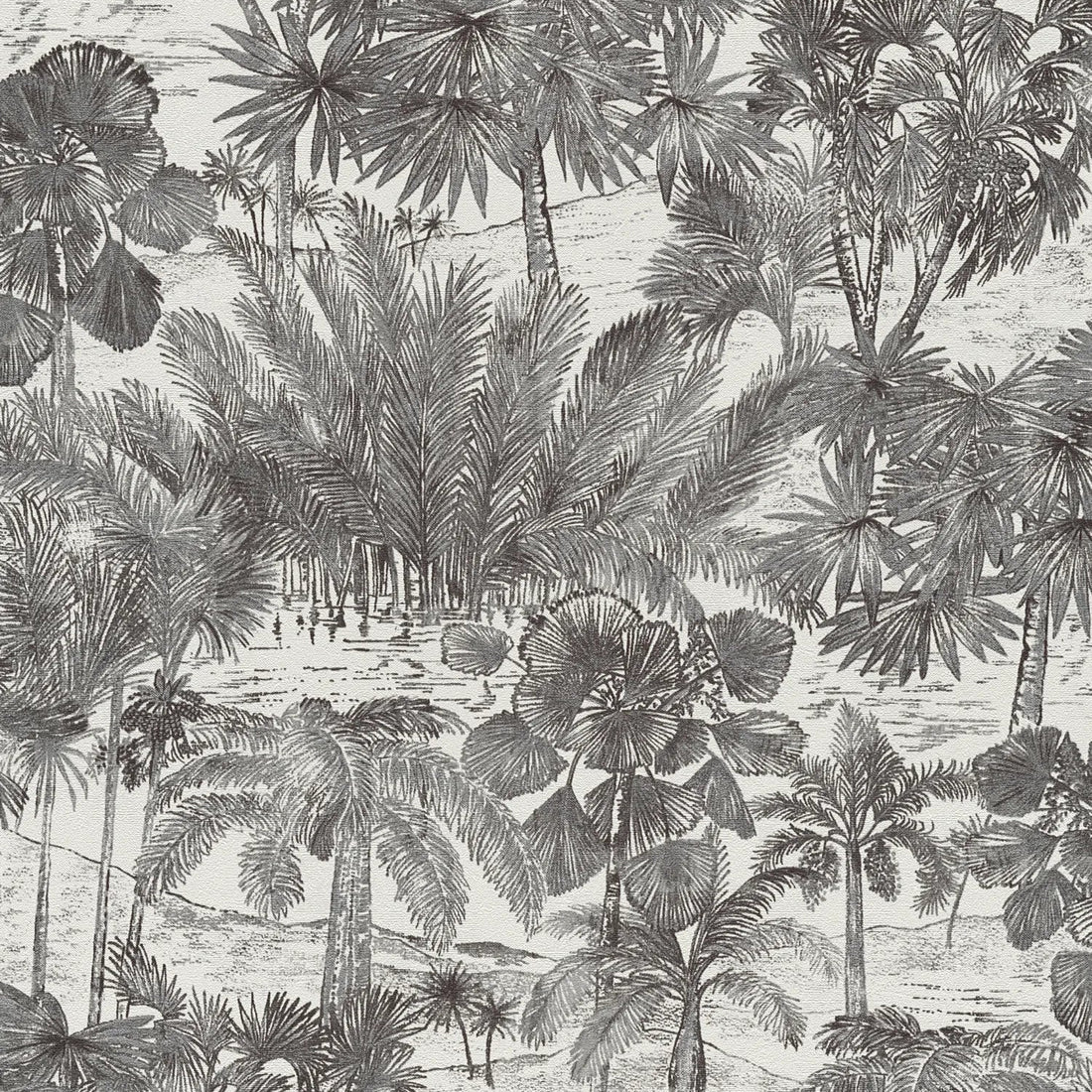 AS Creation Cosiness 793173 wallpaper with a detailed grey metallic tropical landscape of palm trees on a lightly textured surface