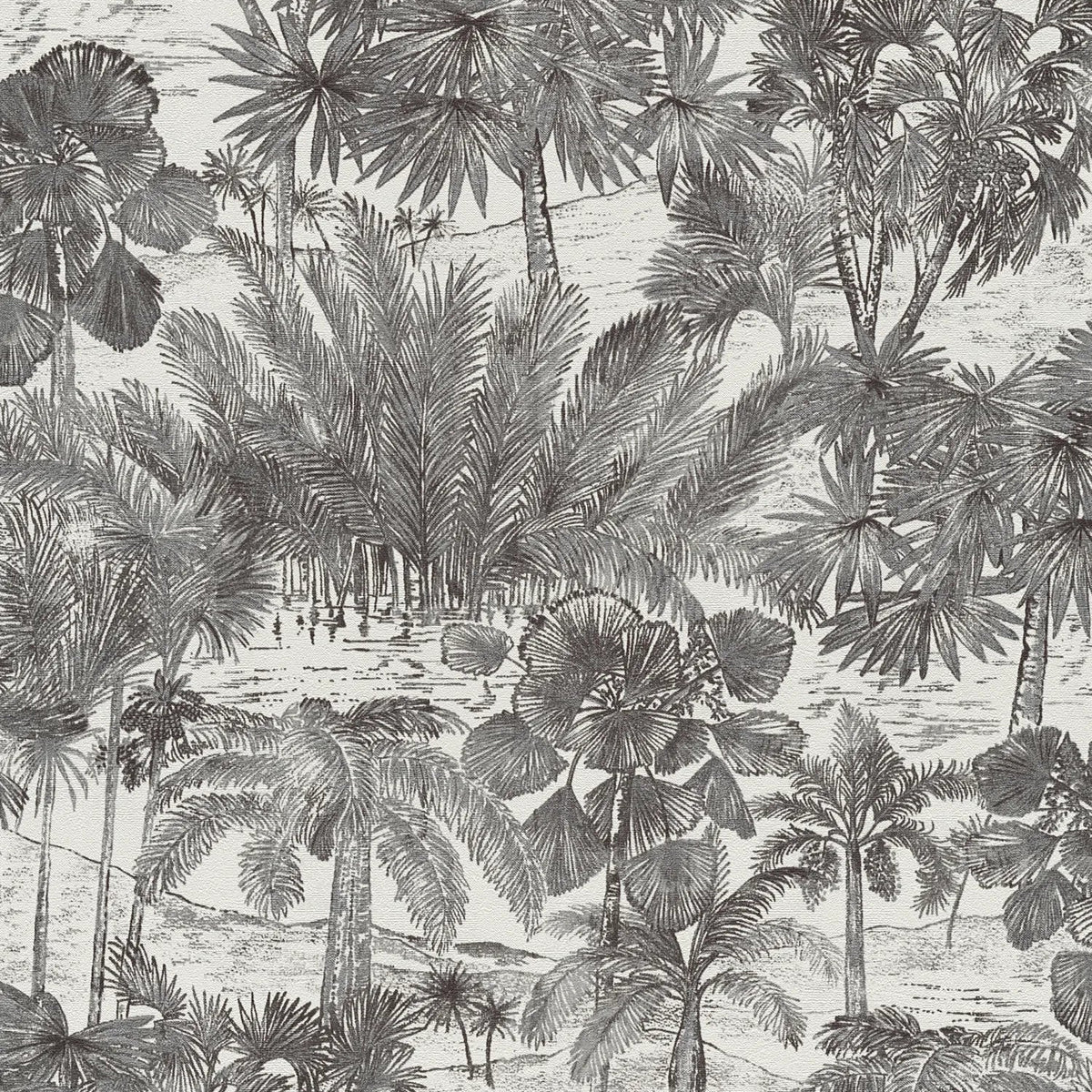 AS Creation Cosiness 793173 wallpaper with a detailed grey metallic tropical landscape of palm trees on a lightly textured surface