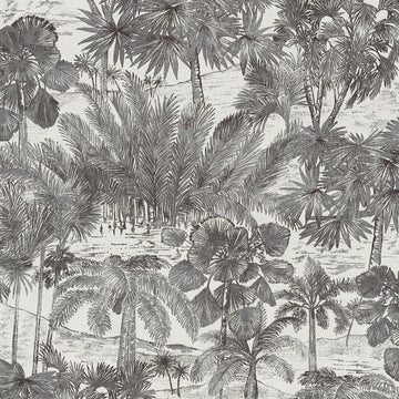 AS Creation Cosiness 793173 wallpaper with a detailed grey metallic tropical landscape of palm trees on a lightly textured surface