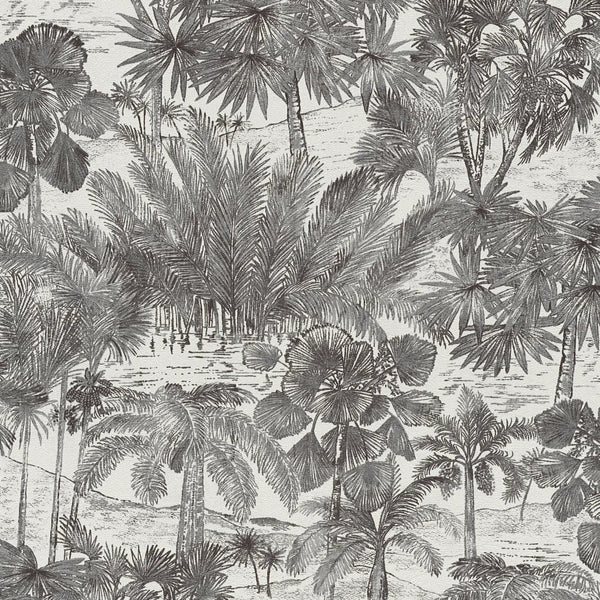 AS Creation Cosiness 793173 wallpaper with a detailed grey metallic tropical landscape of palm trees on a lightly textured surface