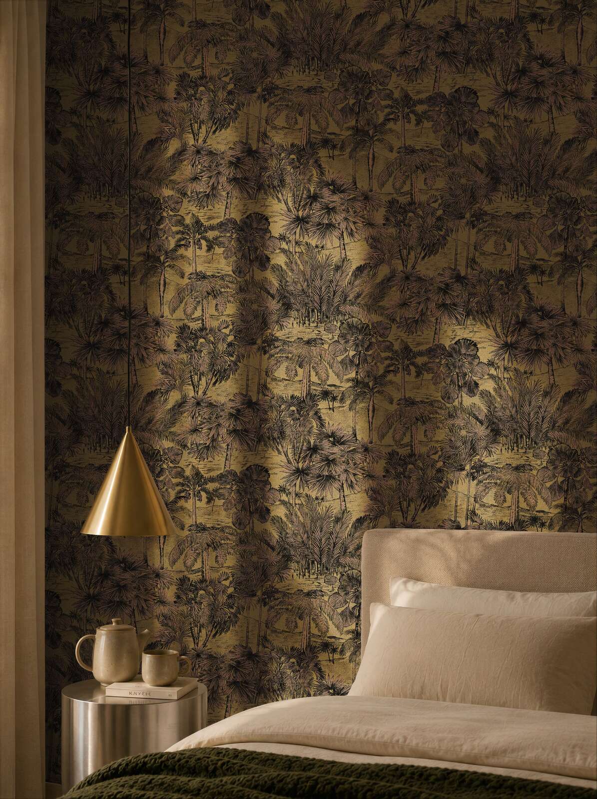 AS Creation Cosiness 793174 dense tropical foliage and palm tree illustration pattern in a Brown, Metallic colorway wallpaper on a bedroom feature wall.
