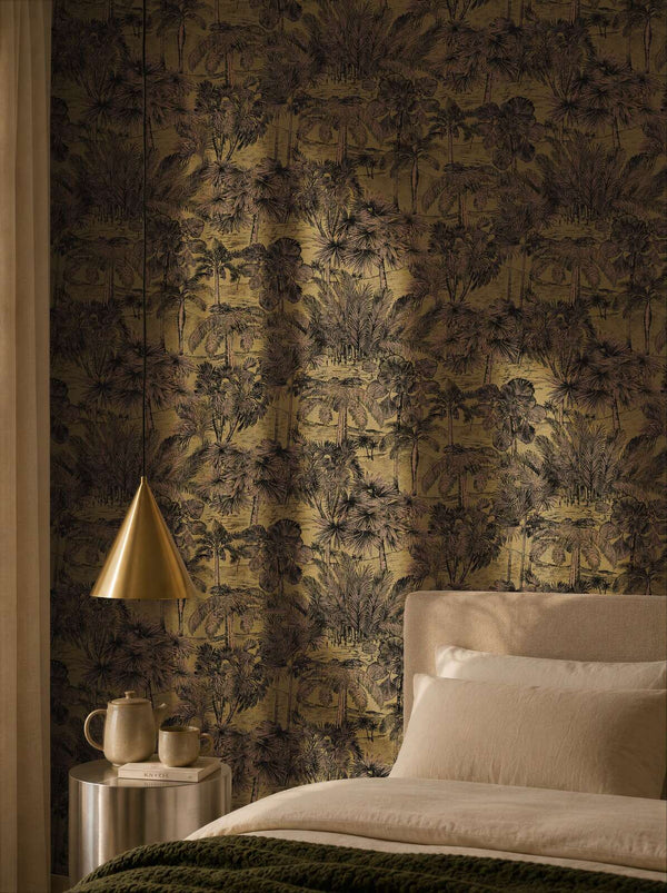AS Creation Cosiness 793174 dense tropical foliage and palm tree illustration pattern in a Brown, Metallic colorway wallpaper on a bedroom feature wall.