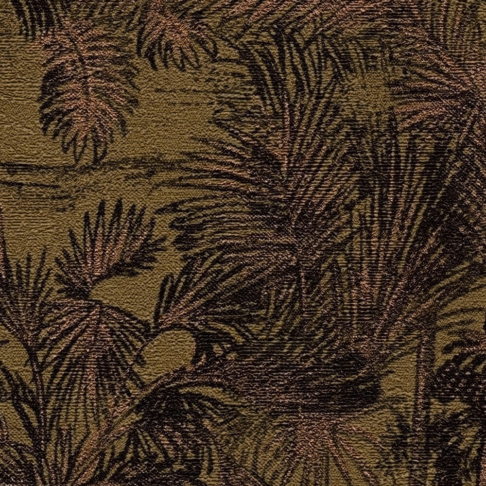 AS Creation Cosiness 793174 close up of wallpaper showing layered palm fronds with fine linework in the Brown, Metallic colorway.