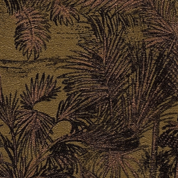 AS Creation Cosiness 793174 close up of wallpaper showing layered palm fronds with fine linework in the Brown, Metallic colorway.