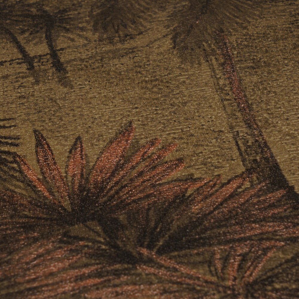AS Creation Cosiness 793174 close up of brown metallic wallpaper featuring a palm frond pattern.