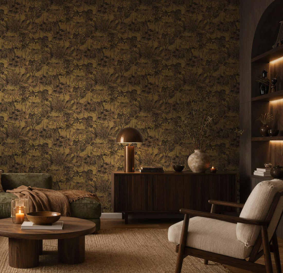 AS Creation Cosiness 793174 brown metallic tropical palm scenic wallpaper with lightly structured sheen