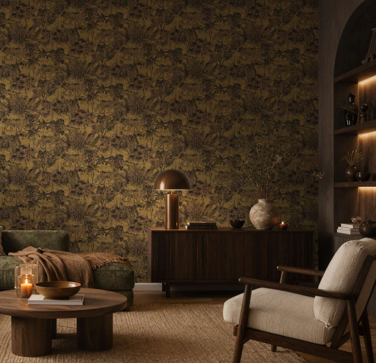 AS Creation Cosiness 793174 living room with brown, metallic wallpaper featuring an illustrated tropical landscape, shown behind a sofa and a sideboard.