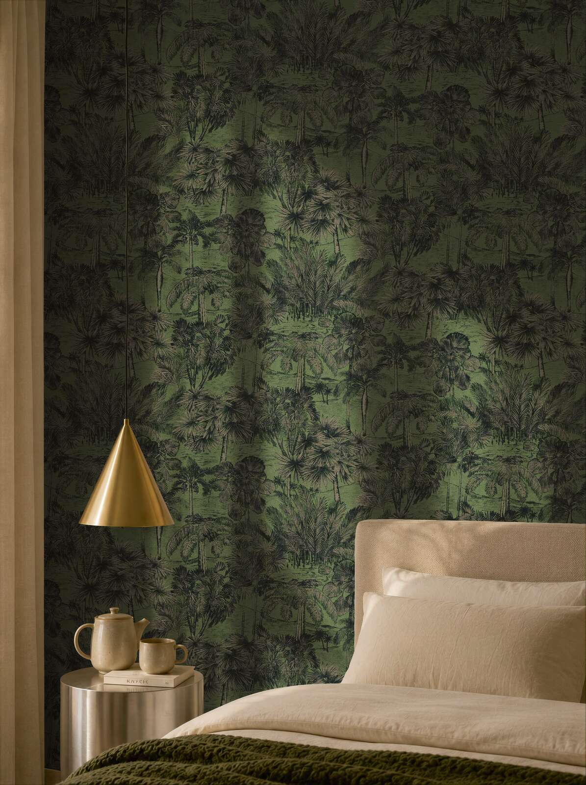 AS Creation Cosiness 793175 bedroom featuring Green, Metallic botanical wallpaper with palm trees behind a bed and a cone pendant light.