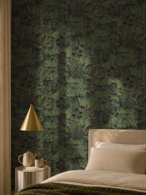 AS Creation Cosiness 793175 bedroom featuring Green, Metallic botanical wallpaper with palm trees behind a bed and a cone pendant light.
