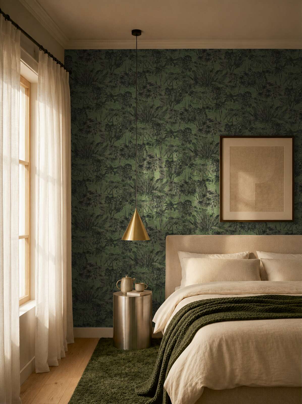 AS Creation Cosiness 793175 bedroom featuring Green, Metallic botanical wallpaper behind a bed and a cone pendant light.