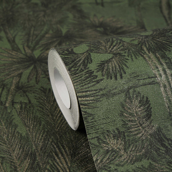 AS Creation Cosiness 793175 close up of a wallpaper roll with a palm leaf design in the Green, Metallic colorway.