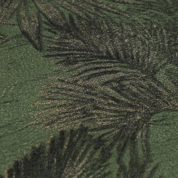 AS Creation Cosiness 793175 close up of wallpaper showing palm frond pattern with a metallic sheen in the Green, Metallic colorway and a textured surface.