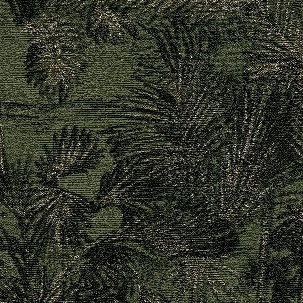 AS Creation Cosiness 793175 close up of Green, Metallic wallpaper with a textured palm leaf pattern.