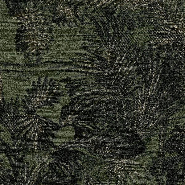 AS Creation Cosiness 793175 close up of Green, Metallic wallpaper with a textured palm leaf pattern.