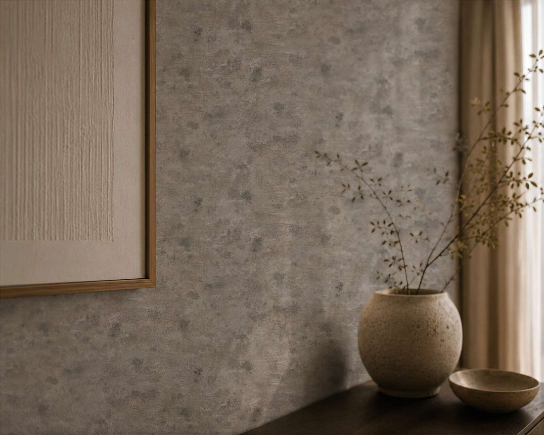 AS Creation Cosiness 793181 brown and grey plaster look wallpaper with subtle gloss and lightly structured texture.