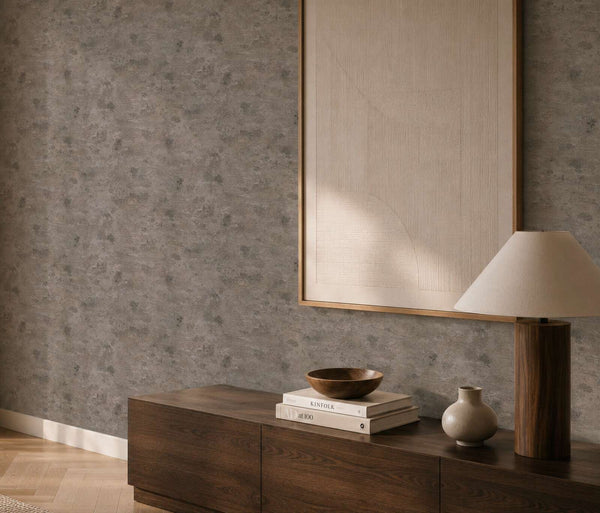 AS Creation Cosiness 793181 living room with Brown, Grey, Metallic wallpaper behind a wooden sideboard and a table lamp.