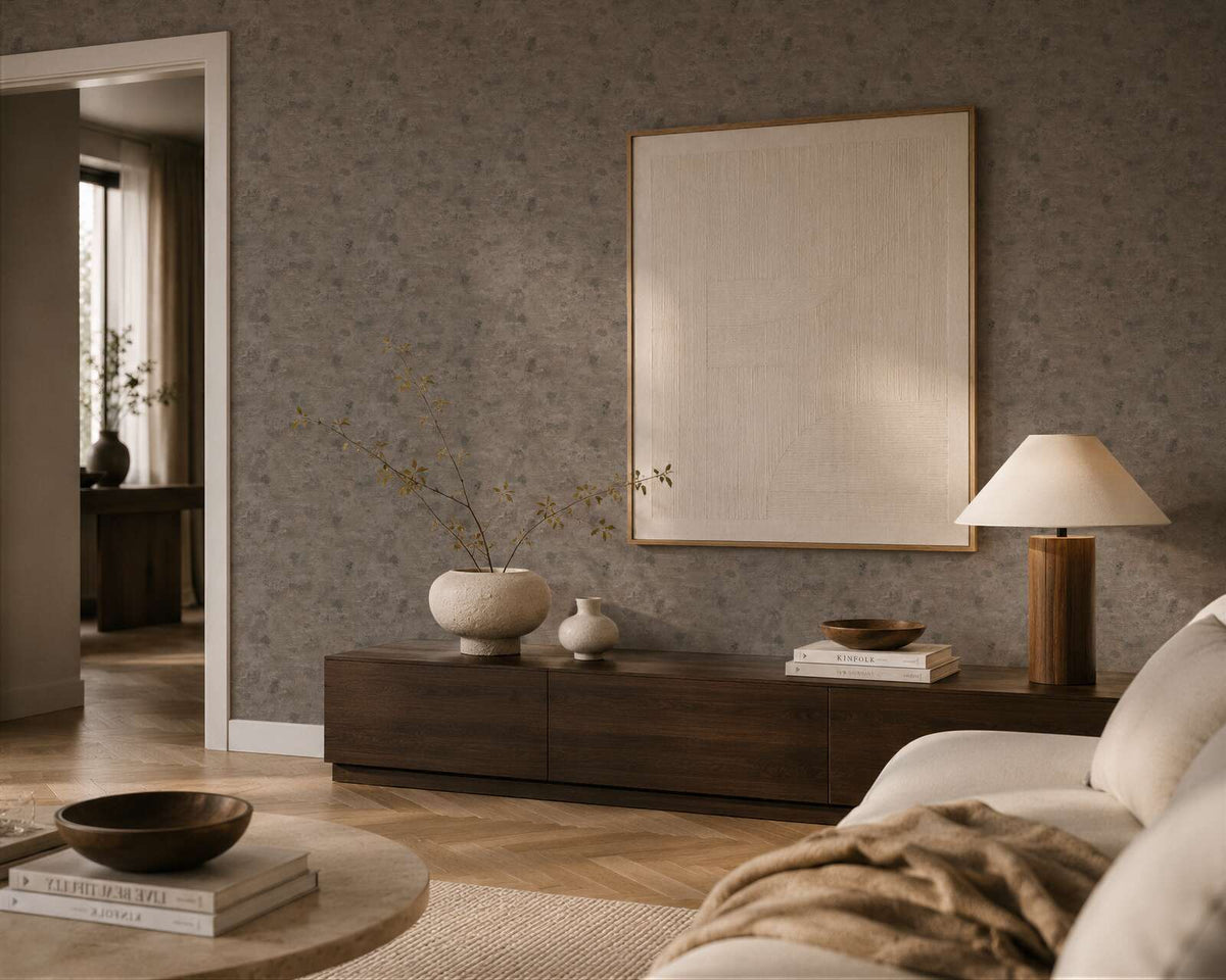 AS Creation Cosiness 793181 living room with Brown, Grey, Metallic wallpaper and a low wood console with a large framed artwork above.