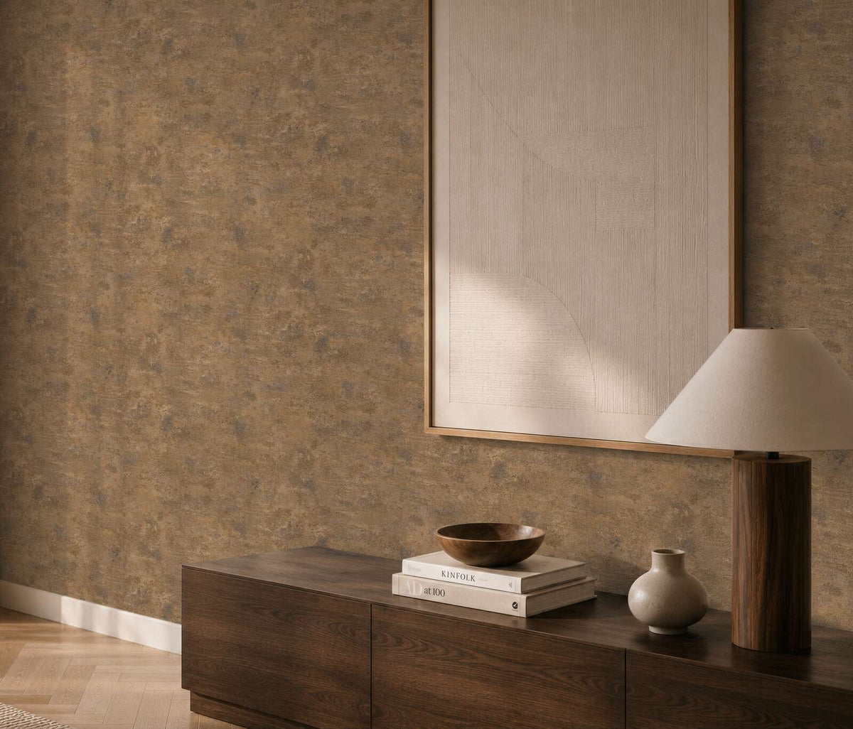AS Creation Cosiness 793182 mottled abstract pattern in Brown with Metallic and Orange accents wallpaper shown in a styled detail.