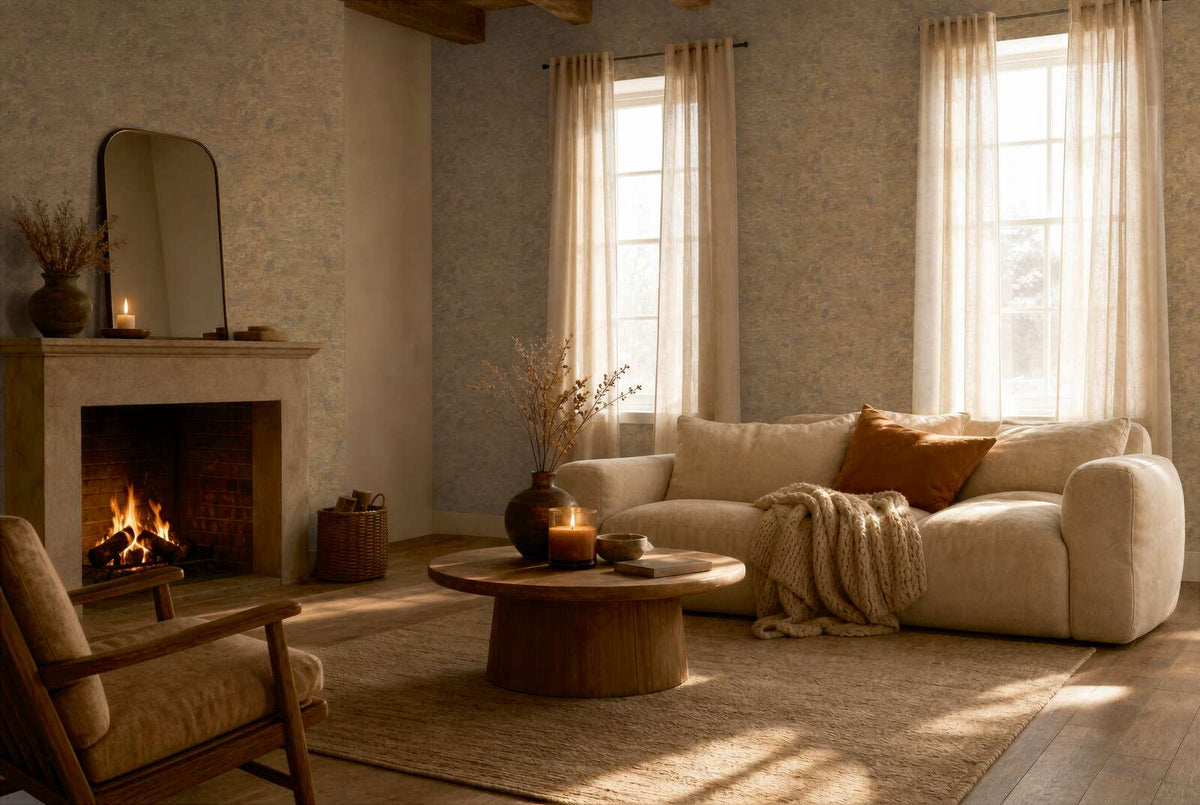 AS Creation Cosiness 793182 living room showing Brown, Metallic, Orange wallpaper with a subtle mottled look, with a sofa and fireplace.