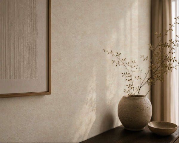 AS Creation Cosiness 793183 close up of Cream, Metallic wallpaper with a soft tonal effect, shown behind a ceramic vase with branches and a shallow bowl on a table.