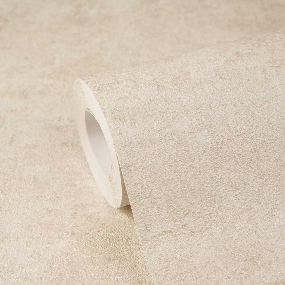 AS Creation Cosiness 793183 wallpaper roll with a subtle mottled texture in Cream, Metallic, shown on a matching unrolled sheet.