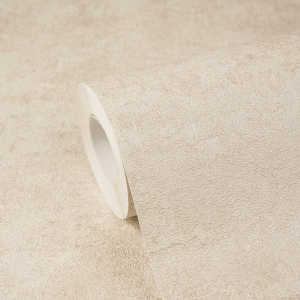 AS Creation Cosiness 793183 wallpaper roll with a subtle mottled texture in Cream, Metallic, shown on a matching unrolled sheet.
