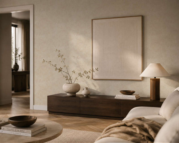 AS Creation Cosiness 793183 living room with Cream, Metallic wallpaper in a soft tonal look behind a sofa and a low wooden console.