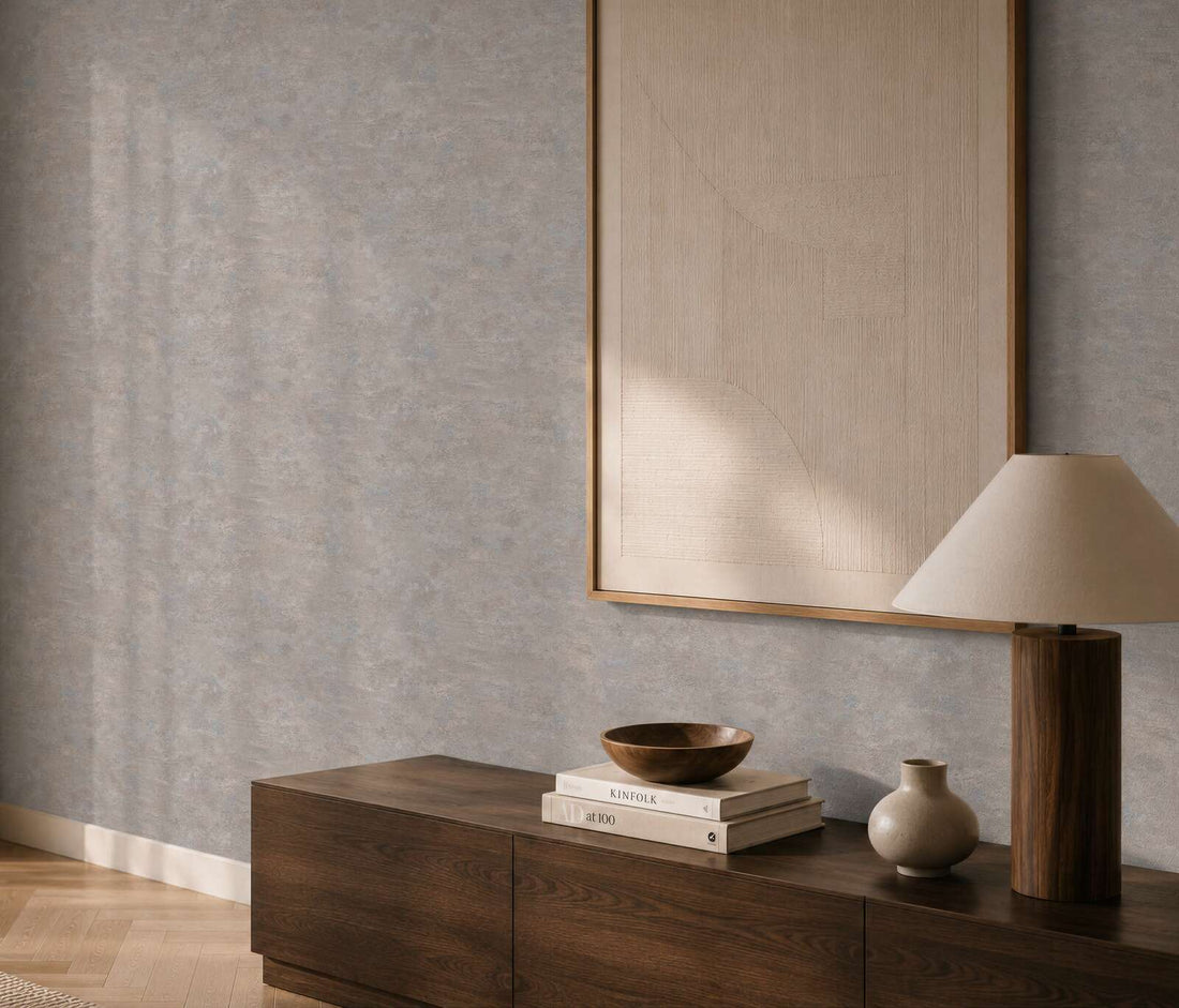 AS Creation Cosiness 793185 grey plaster look textured wallpaper with a subtle metallic sheen