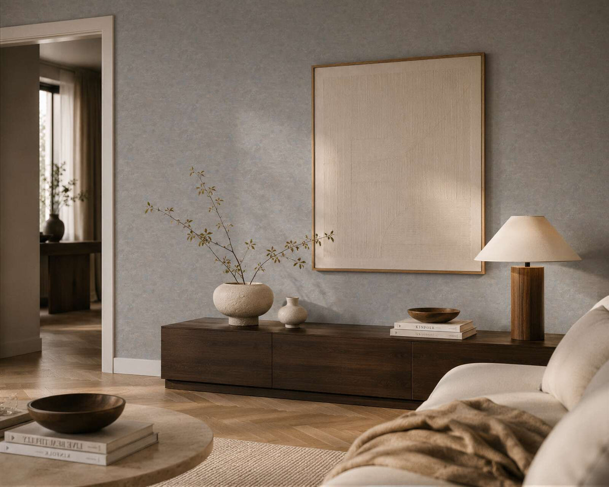 AS Creation Cosiness 793185 living room with Grey, Metallic wallpaper behind a low wood console and a sofa.