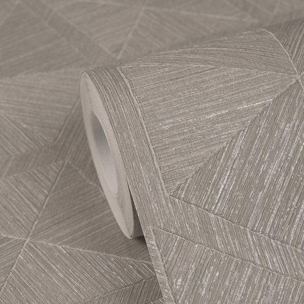 AS Creation Cosiness 793194 close up of a Grey, Metallic geometric wallpaper with diagonal linework forming triangular panels, shown as a partially unrolled roll.