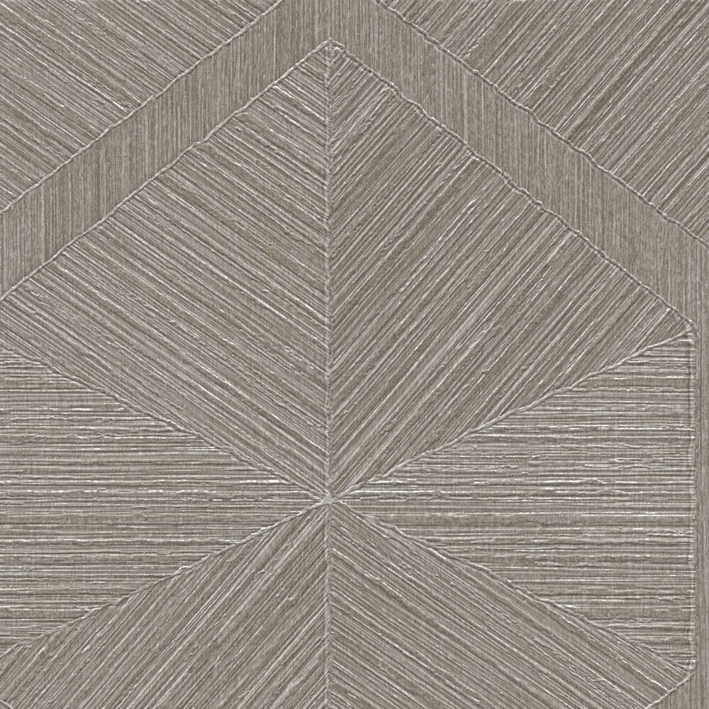 AS Creation Cosiness 793194 close up of wallpaper with a large geometric diamond and chevron pattern made of fine diagonal lines in Grey, Metallic.