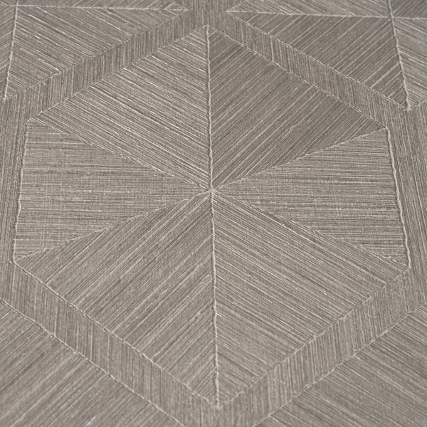 AS Creation Cosiness 793194 close up of grey, metallic wallpaper with angled linear stripes forming geometric diamonds and chevrons.